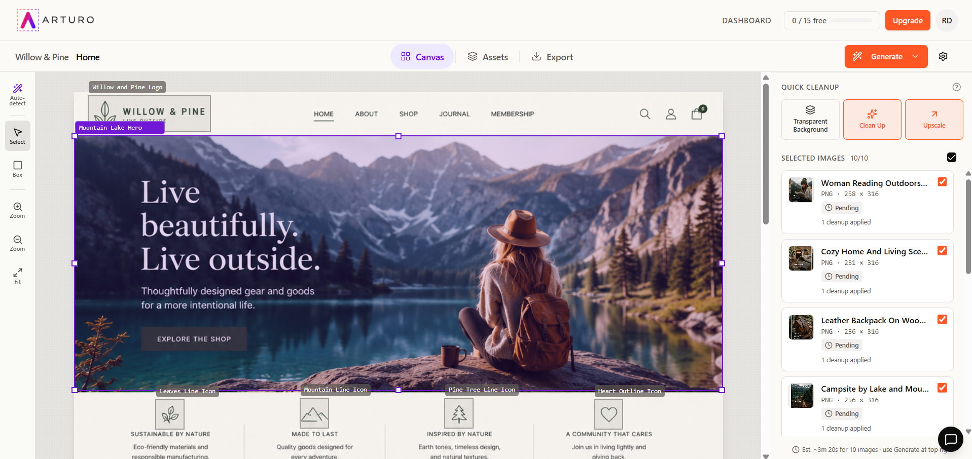 Arturo canvas detecting every image, logo, and icon inside a Willow & Pine website mockup